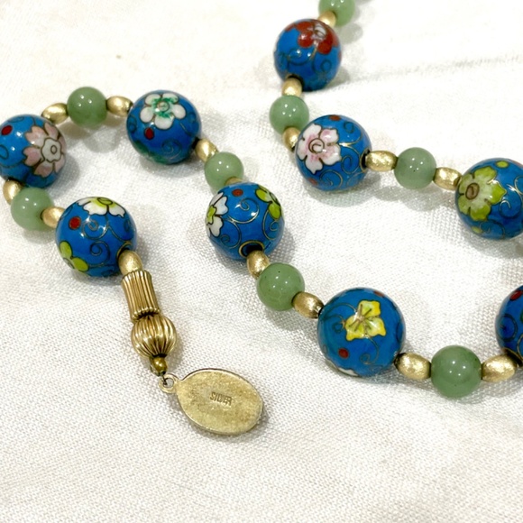 Vintage Chinese Blue Cloisonné Jadeite Sterling Silver Bead Necklace Enamel - Picture 11 of 11
